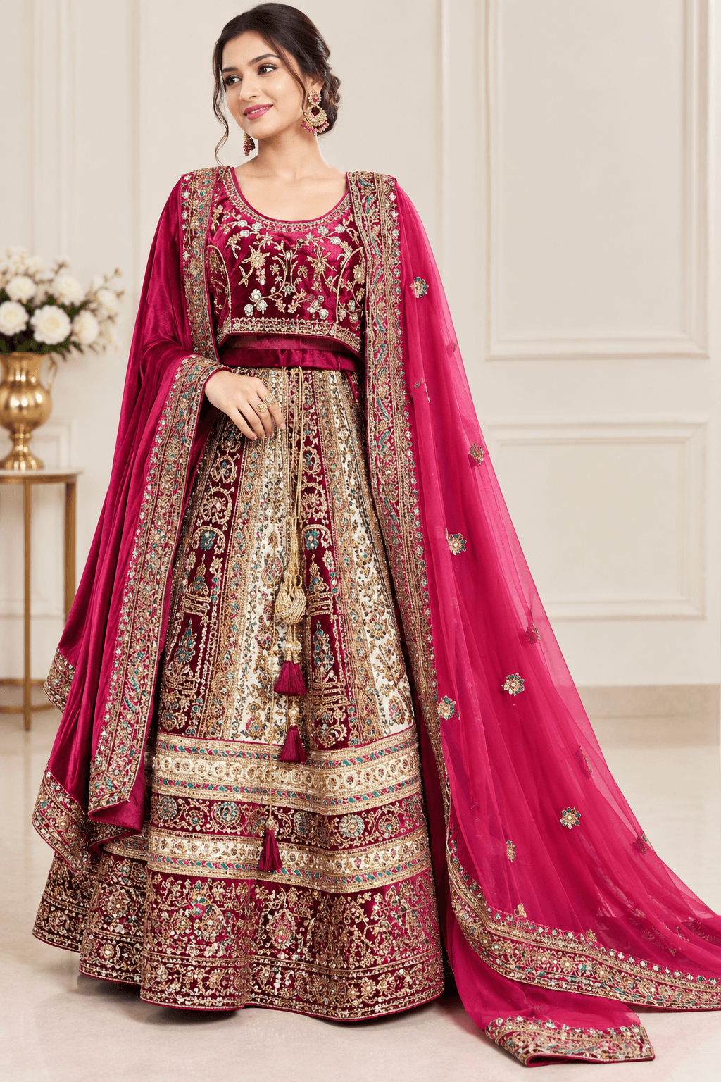 Regal Maroon and Cream Heavy Bridal Lehenga Choli Set