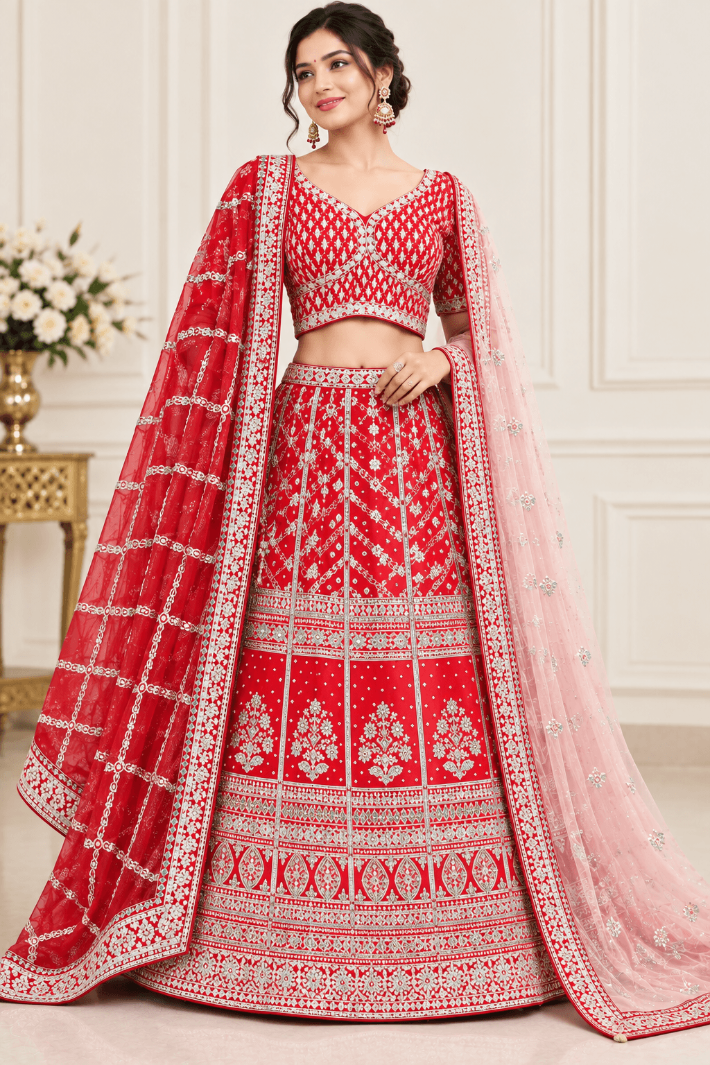 Stunning Crimson Red and Peach Bridal Lehenga Choli Set