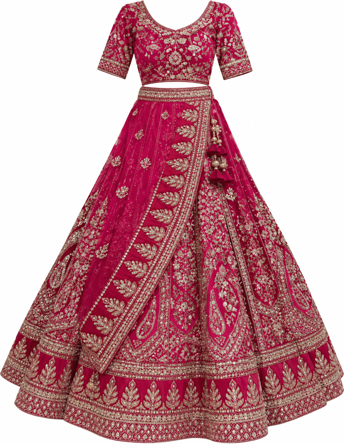 Deep Pink and Crimson Velvet Bridal Lehenga Choli Set