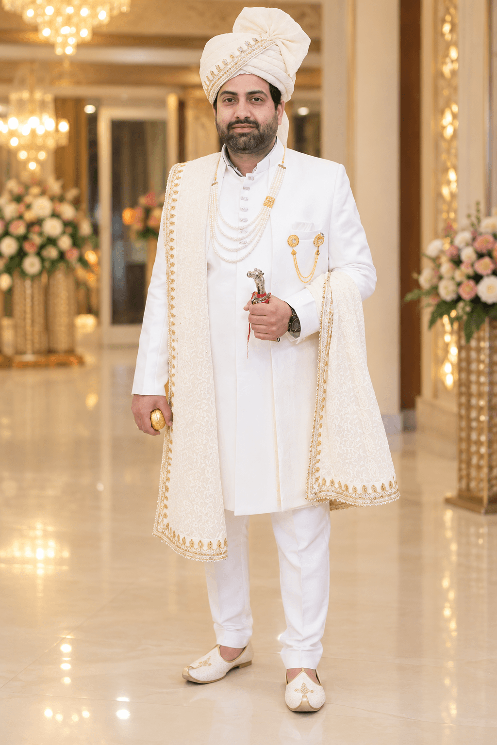 Regal Ivory Chikankari Groom's Sherwani Set