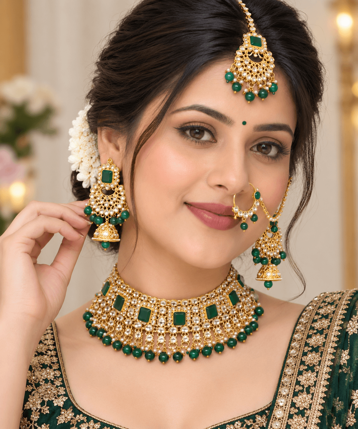 Regal Kundan & Emerald Bridal Jewelry Set