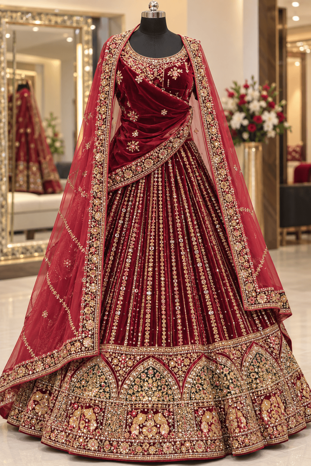 Deep Maroon Velvet Bridal Lehenga Choli Set