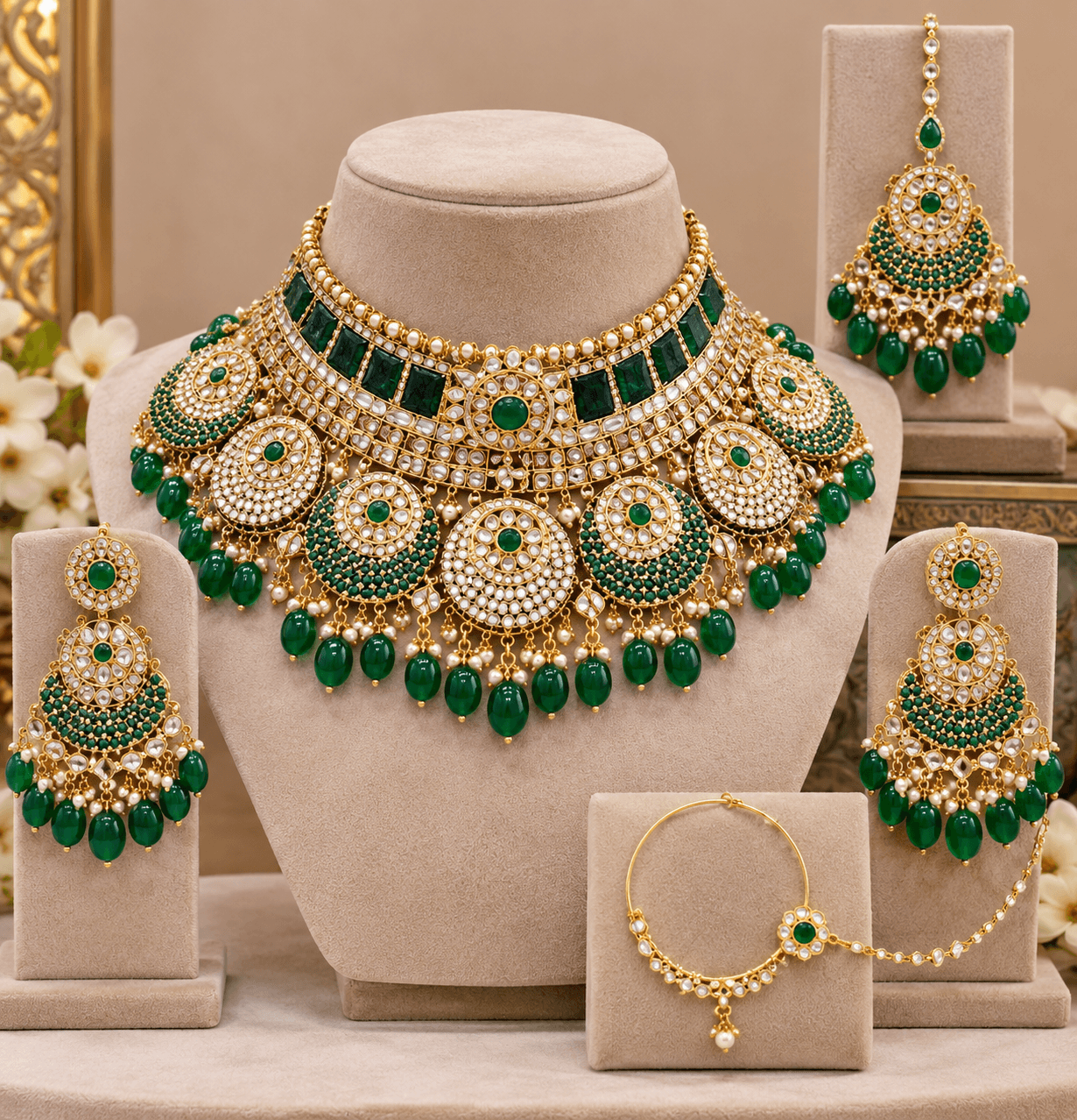 Grand Kundan & Emerald Green Beaded Bridal Jewelry Set