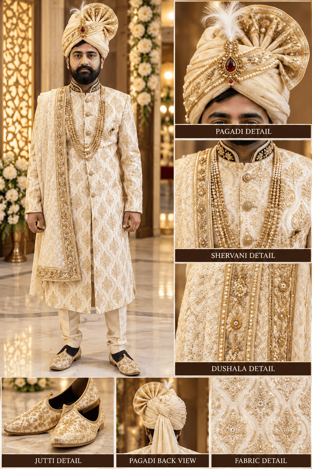 Ivory & Antique Gold Groom's Wedding Sherwani Set