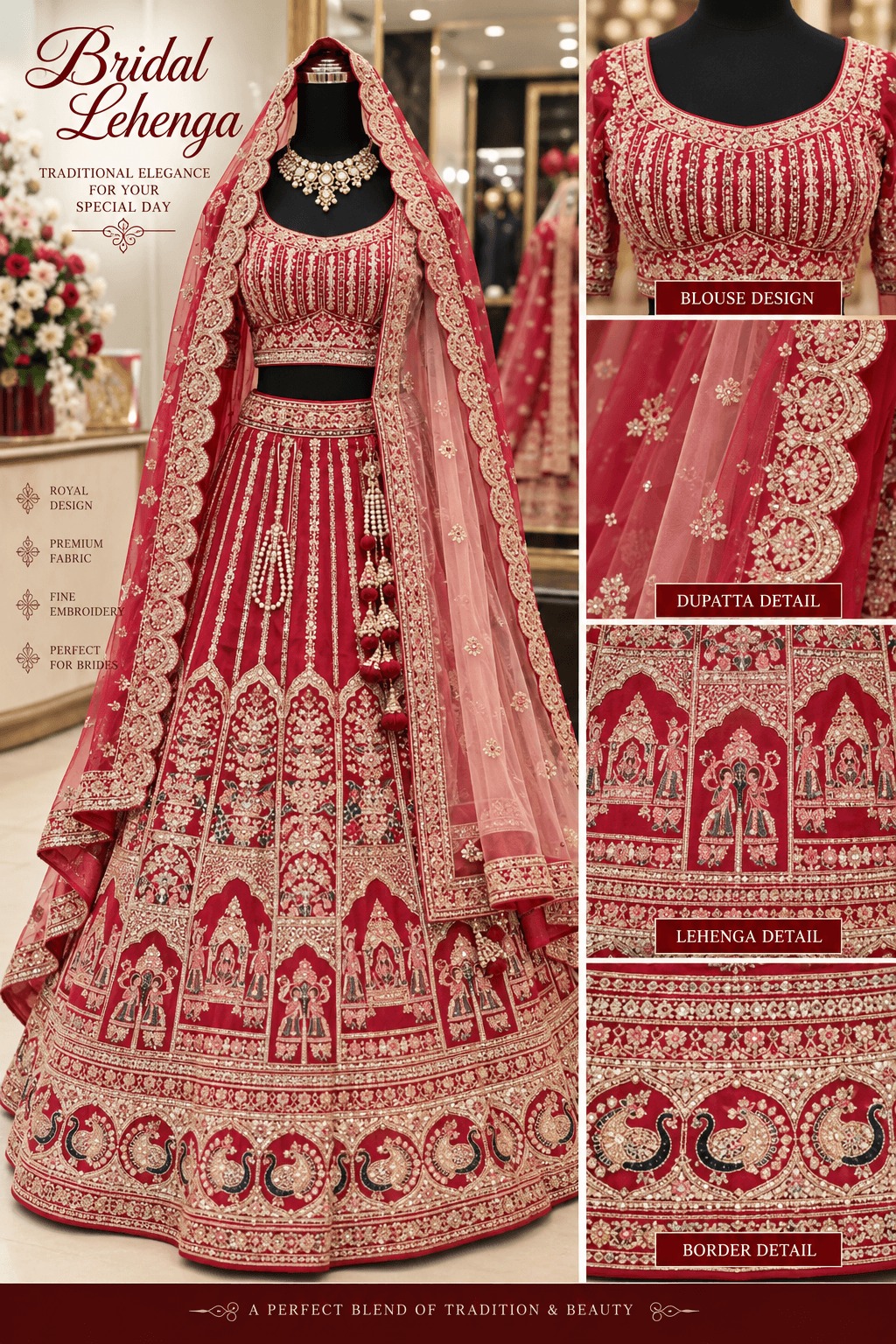 Classic Royal Red Heritage Bridal Lehenga Choli Set