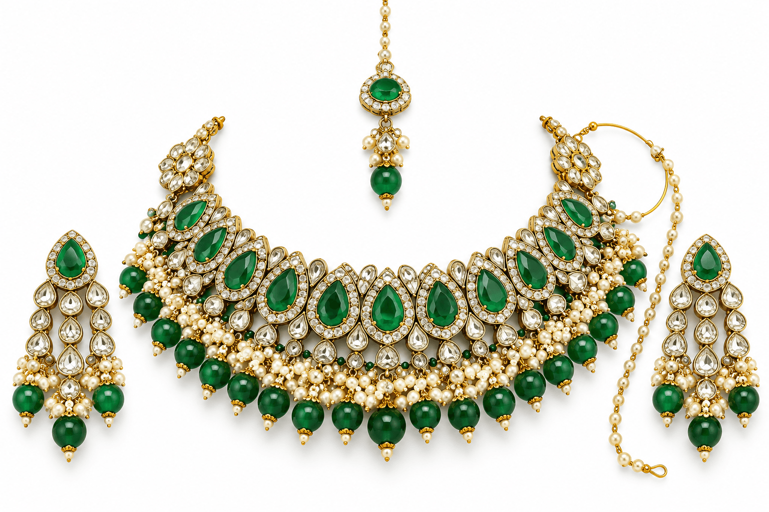 Premium Kundan Polki & Emerald Green Bridal Choker Jewelry Set