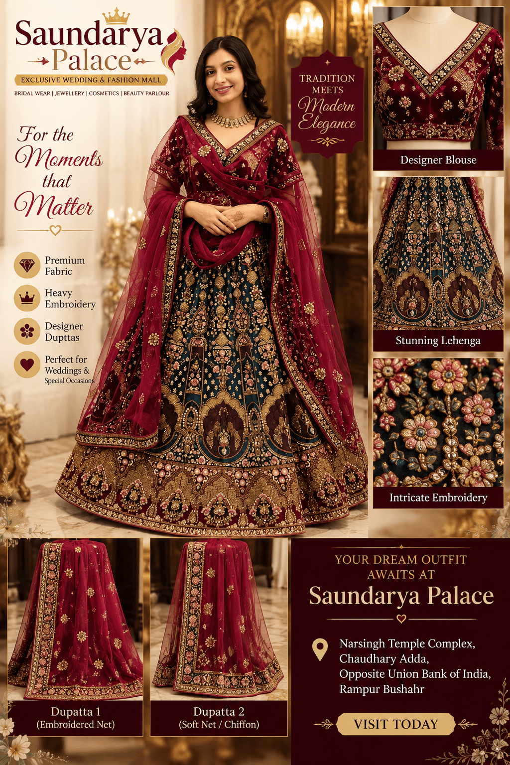 Regal Velvet Bridal Lehenga Choli Set in Deep Maroon & Teal