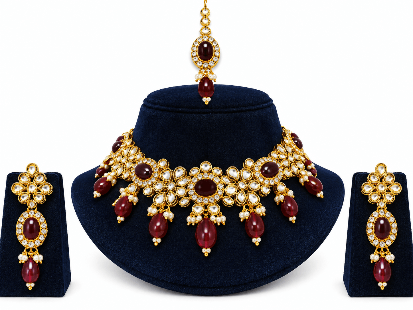 Elegant Floral Kundan Necklace Set with Maroon Stones & Pearls