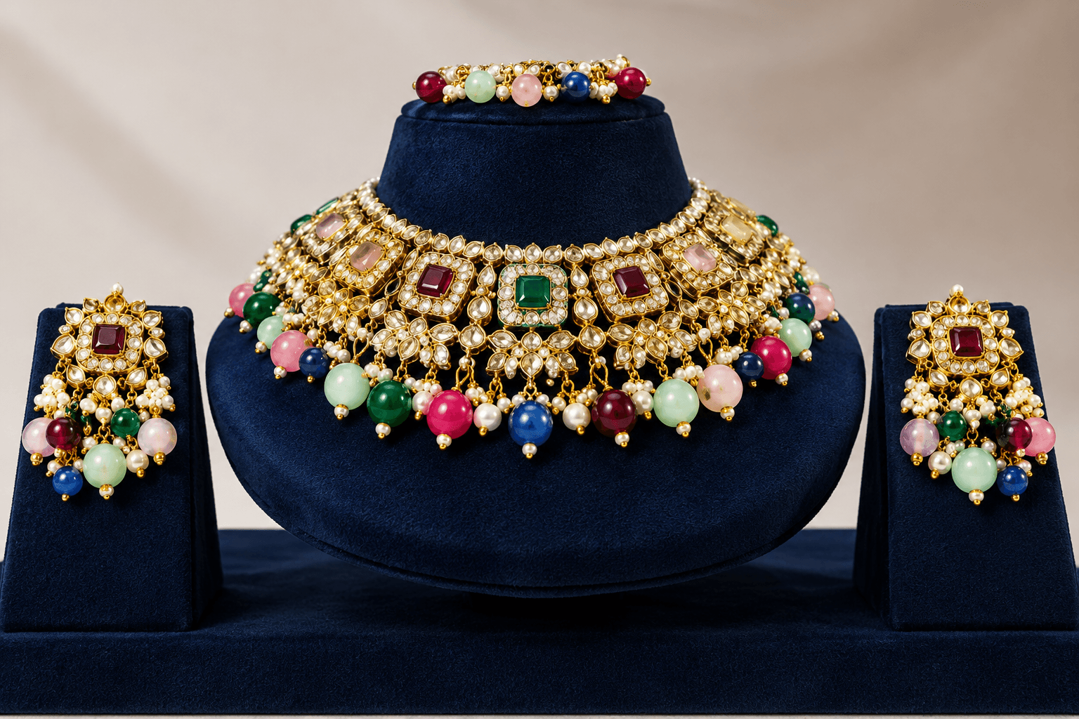 Majestic Multi-Color Navratna-Inspired Kundan Choker Jewelry Set