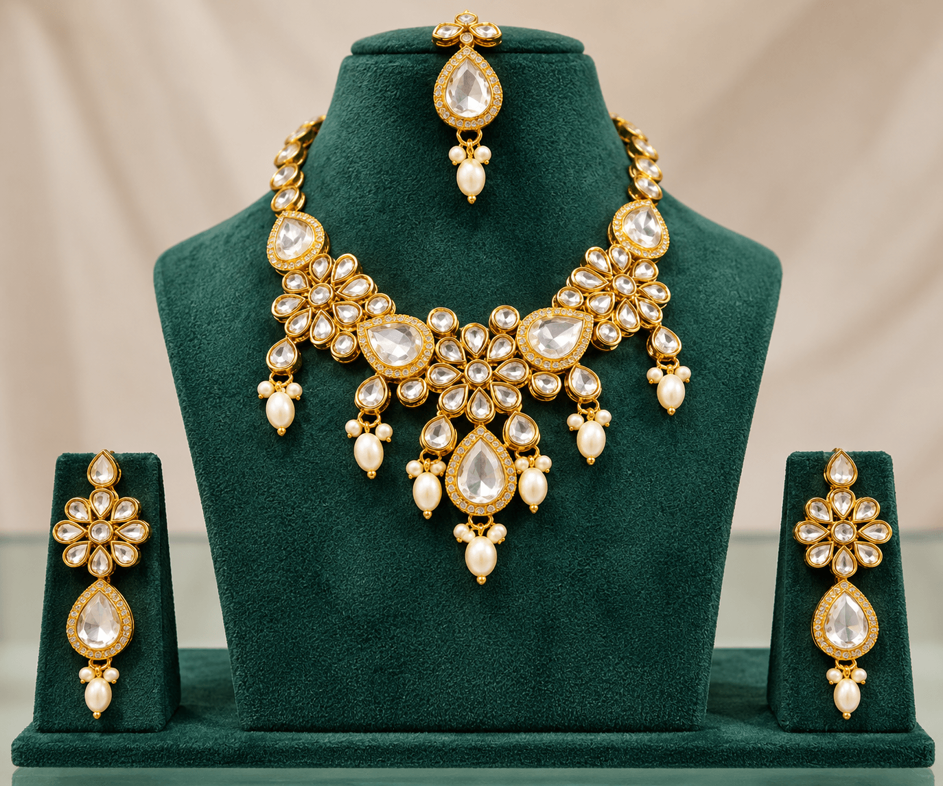 Elegant Teardrop Kundan Festive Necklace Set with Pearl Drops