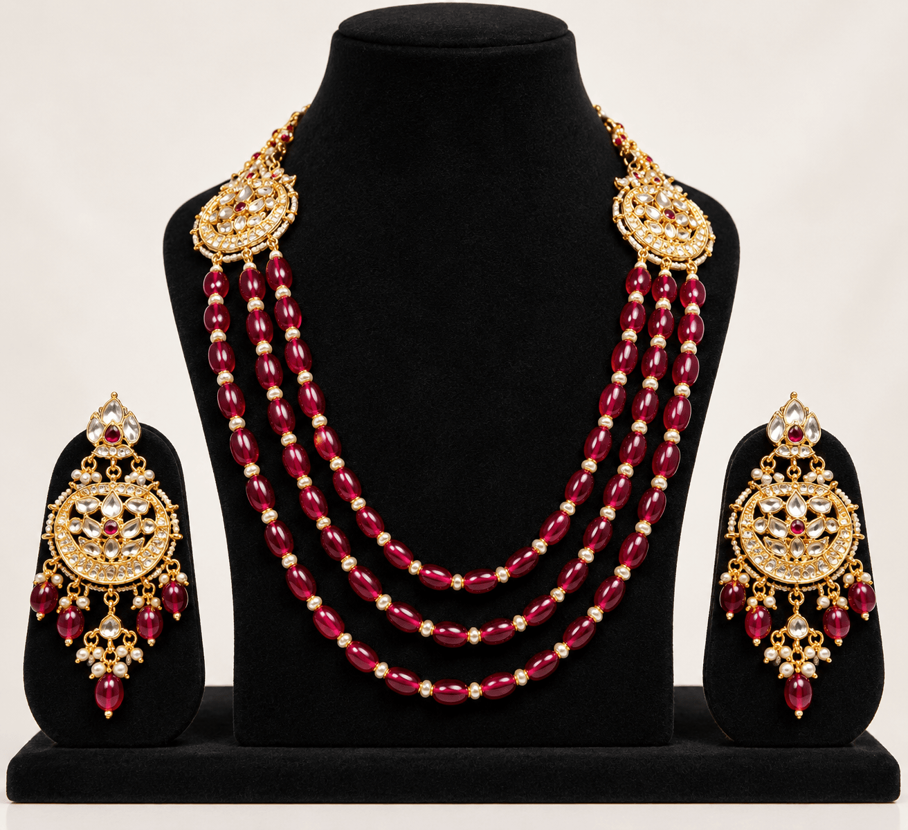 Regal 3-Layer Maroon Beaded Mala Necklace Set with Kundan Medallions