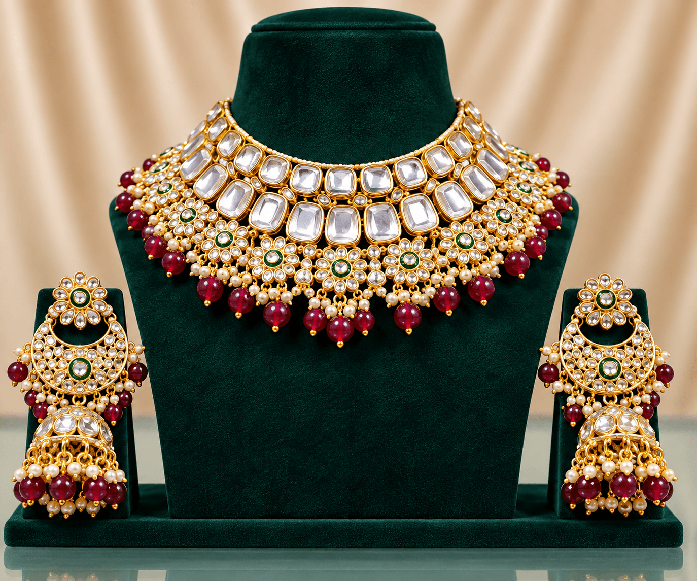 Royal Festive Kundan Necklace Set with Green Meenakari Highlights